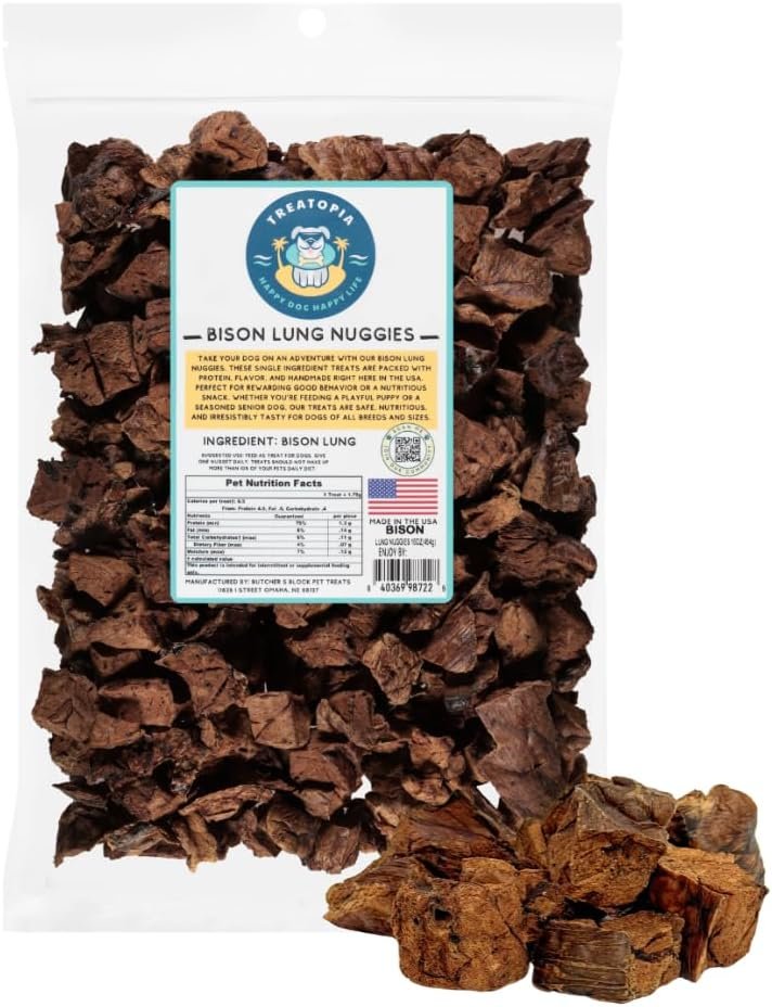 TREATOPIA Bison Lung Nuggies Bites Dog Treats, 8 Ounce Bag – All-Natural, Sustainable, Healthy, Premium High Protein, Hand-Trimmed, Slow-Roasted, Made in The USA, Nutritious, No Additives, No Fillers