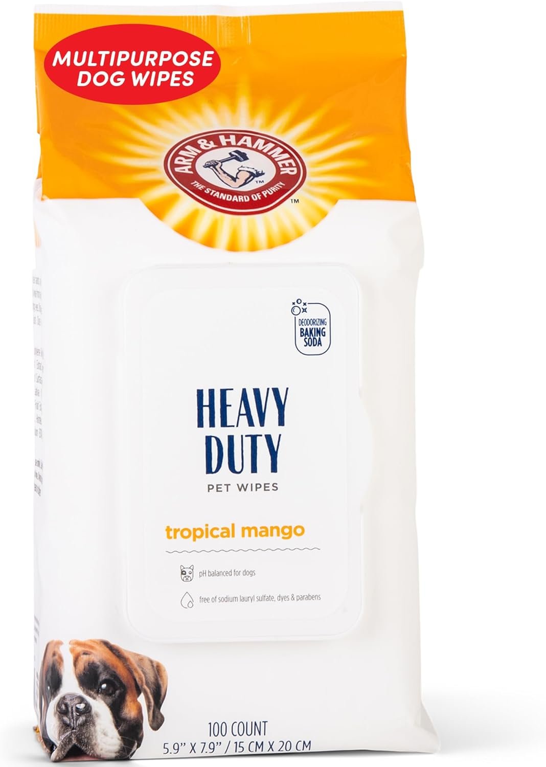 Arm & Hammer for Pets Heavy Duty Multipurpose Dog Bath Wipes, Mango Scent – Grooming Dog Wipes for Butt, Paw Wipes for Dogs, Dog Deodorant and Odor Eliminator, Pet Cleaning Wipes, 100 Count
