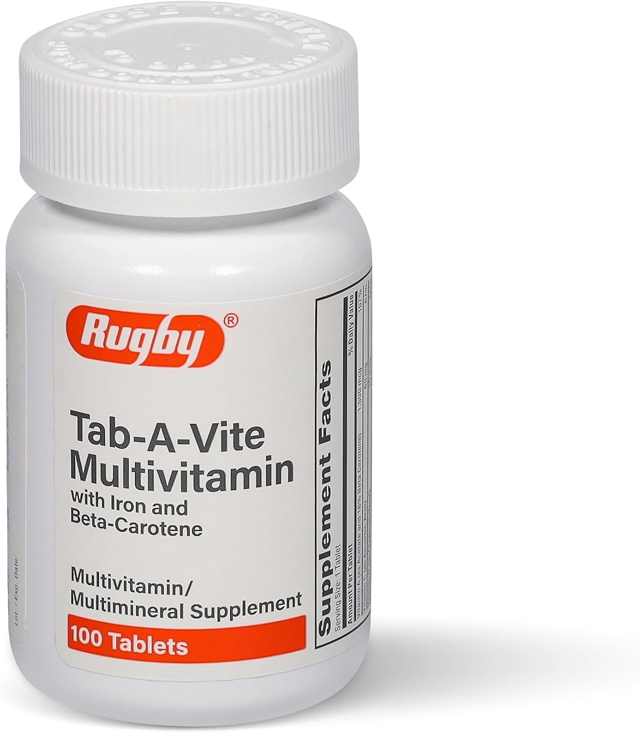Rugby Tab-A-Vite Multivitamin with Iron and Beta-Carotene – Daily Multivitamin for Adults, Supports Overall Health, Multimineral Supplement – 100 Tablets