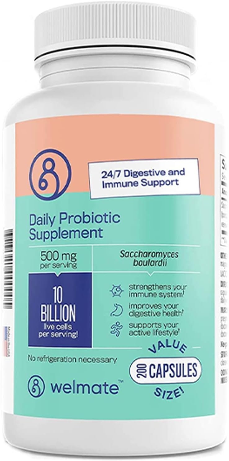 WELMATE – Daily Probiotic Supplement (200 Capsules) Saccharomyces Boulardii 500mg – 24/7 Digestive Support, Immune Support – 10 Billion CFU – Over-The-Counter Medication – Vegan, Gluten Free, Non GMO