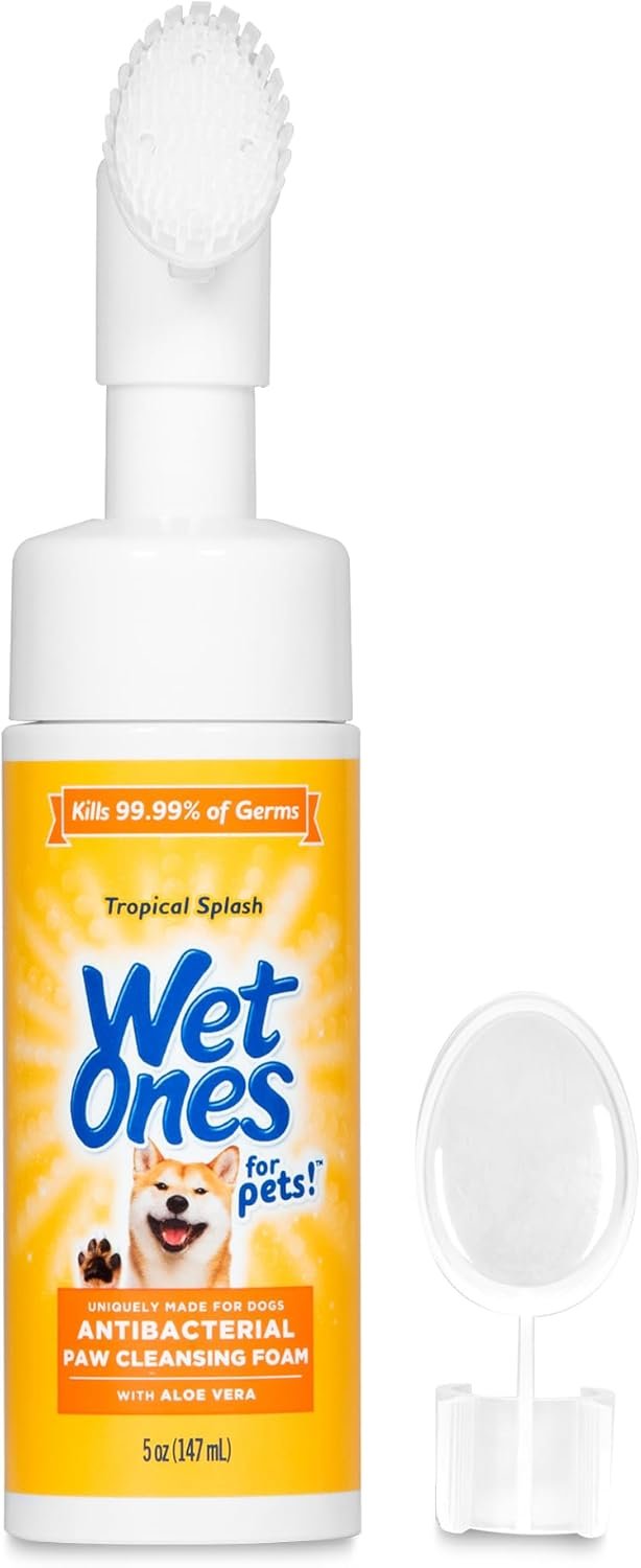 Wet Ones for Pets Antibacterial Dog Paw Cleaner with Built-in Scrubber Brush, Tropical Splash Scent – Foaming Cleanser for Dog Paws – Paw Washer & Grooming Care, 5 Ounce