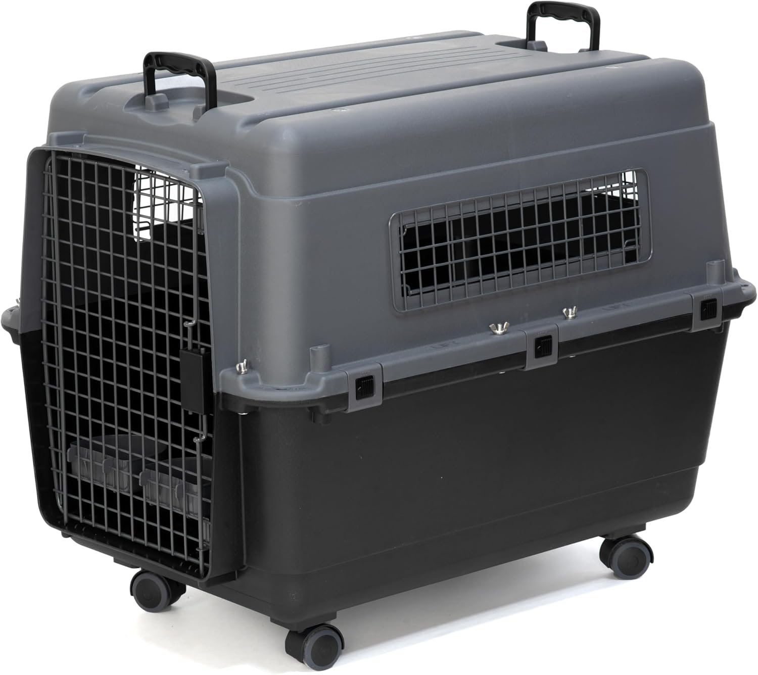 SportPet Airline Approved Wire Door Travel Dog Crate, Durable Plastic Pet Travel Kennel with Removable Wheels,Collapsible, Food Bowls & Accessories, Fits Dogs up to 29″ L & 20″ H – Large – Gray/Black