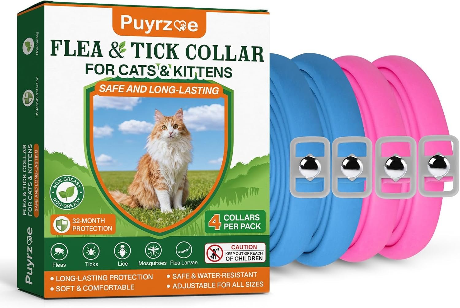 Flea Collar for Cats 4 Pack, Natural Cat Flea and Tick Prevention Collar, 32-Month Full Protection, Adjustable Cat Flea and Tick for Kittens and Cats, Waterproof, 2 Pink & 2 Blue