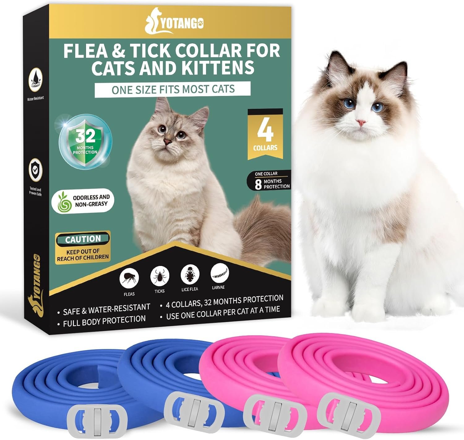 4 Pack Flea Collar for Cats, 32 Months Flea and Tick Prevention for Cat, Waterproof & Natural Cat Flea and Tick Treatment, Adjustable for Cats Kittens(Blue&Pink)