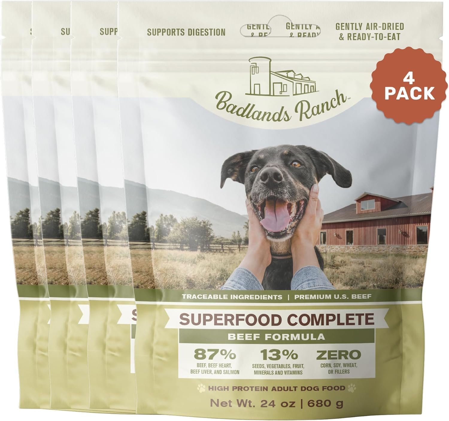 BADLANDS RANCH by Katherine Heigl – Superfood Complete Air-Dried Beef Dog Food – High Protein with Superfoods for Daily Wellness & Consistent Nutrition – 24 oz (Pack of 4)
