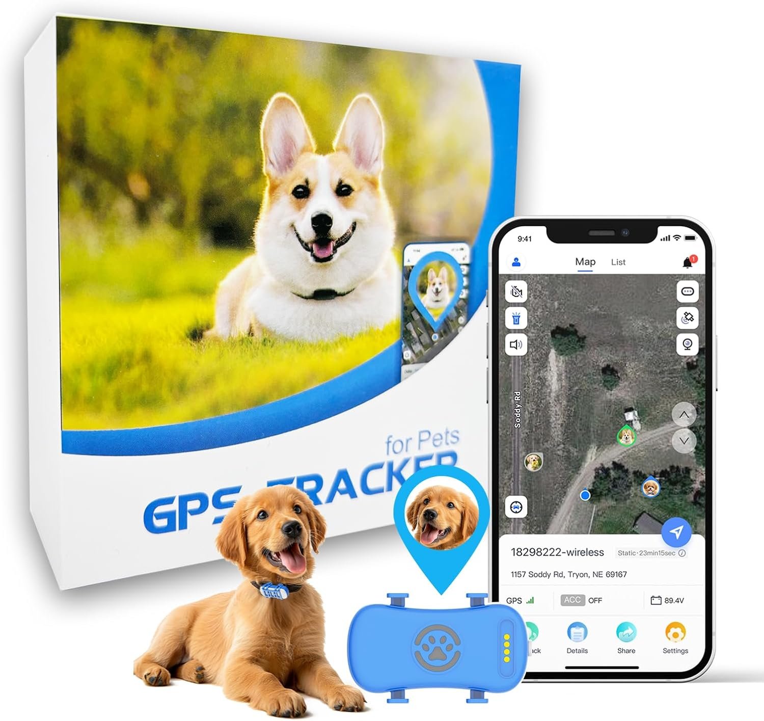 GPS Tracker for Dogs, Real-time Dog Tracker with Geo-Fence and Lighting Flash&Audible Alarm，Anti Lost No Distance Limited Dog GPS Collar Fit Most Pet Collars, Subscription Needed