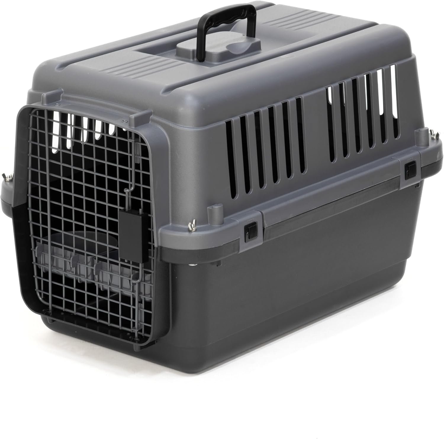 SportPet Airline Approved Wire Door Travel Dog Crate, Durable Plastic Pet Travel Kennel, Secure Latch, Collapsible, Food Bowls & Accessories, Fits Dogs up to 21″ L & 13″ H – Small – Gray/Black