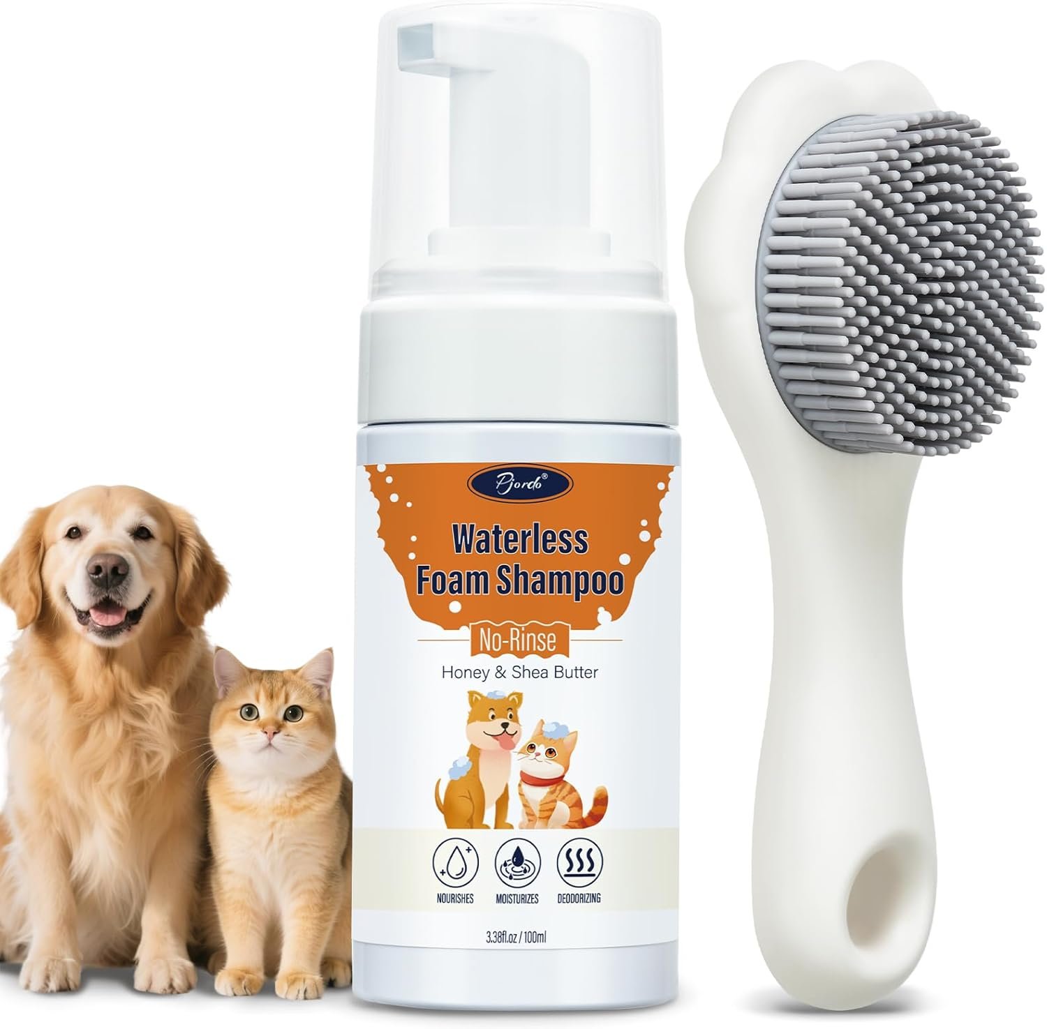 Pjordo Pet Waterless Shampoo with Brush, Dry Shampoo for Dog & Cats, No Rinse Foam Formula for Quick Clean Between Bath, Detangling, Deep Cleansing, Reduce Itchy Skin Shedding & Odor Control