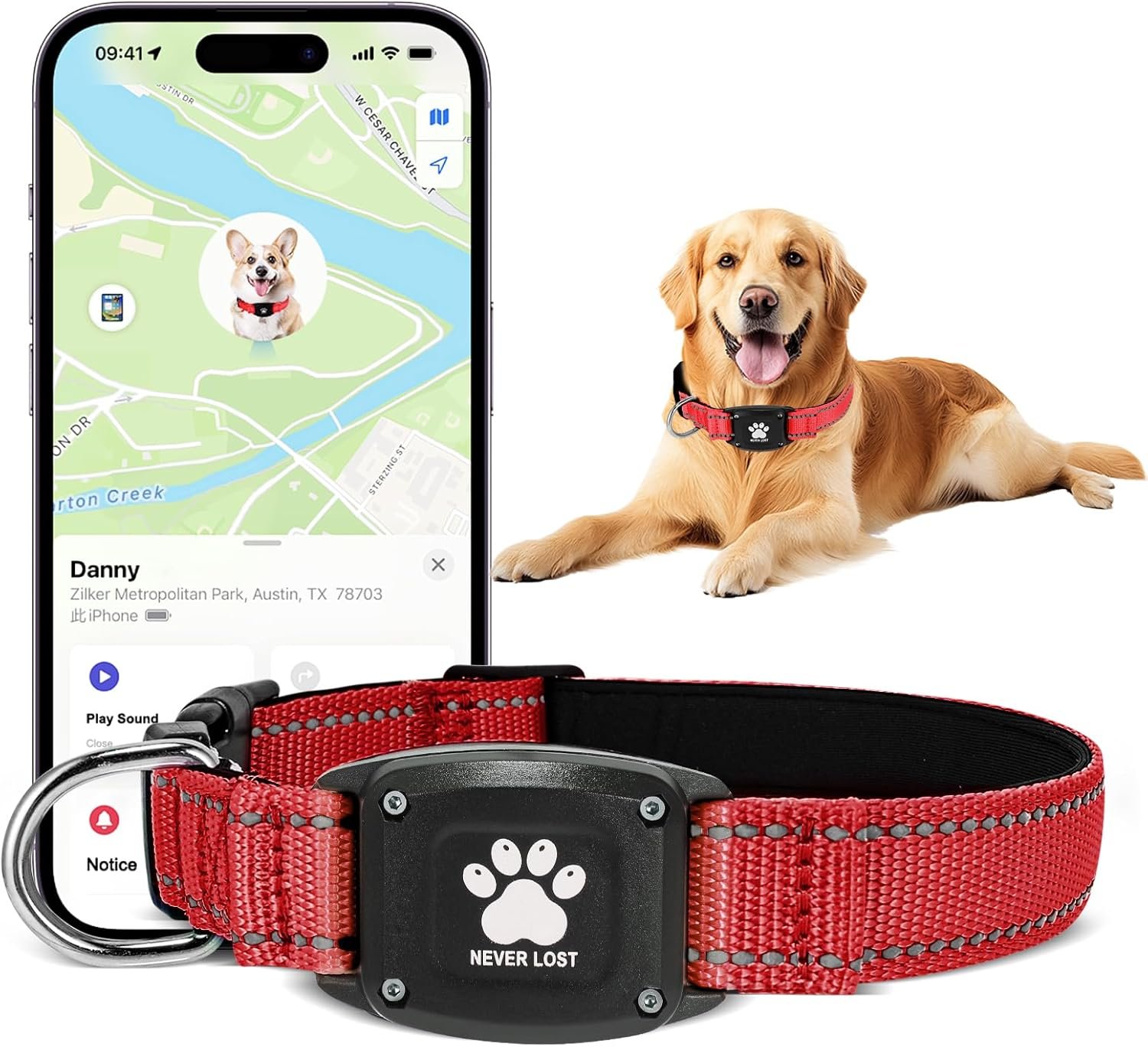 2-in-1 GPS Tracker for Dogs, Reflective Waterproof Smart Collar – No Monthly Fees, Unlimited Range, Compatible with Apple Find My (iOS-Only), Ideal for Small, Medium Large Dogs(Burgundy,Medium)