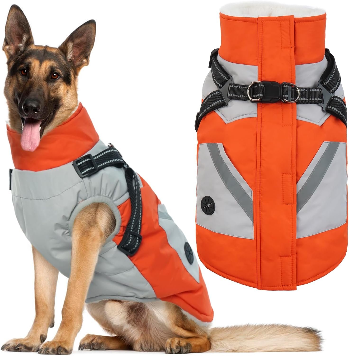 IECOii Dog Coat for Large Dogs, Orange, X-Large – Waterproof Winter Fleece Jacket with Harness, Turtleneck, Reflective Straps, Zipper Closure