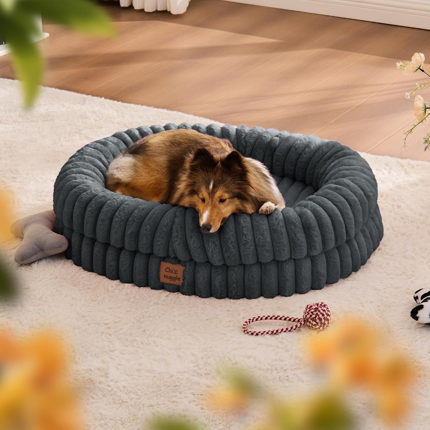 ChiXnuggle Dog Bed Medium Sized Dog – Luxury Striped Faux Fur Waterproof Pet Couch with Removable Washable Cover, Orthopedic Pet Bed with Bolster Sides for Sleeping, Dark Grey