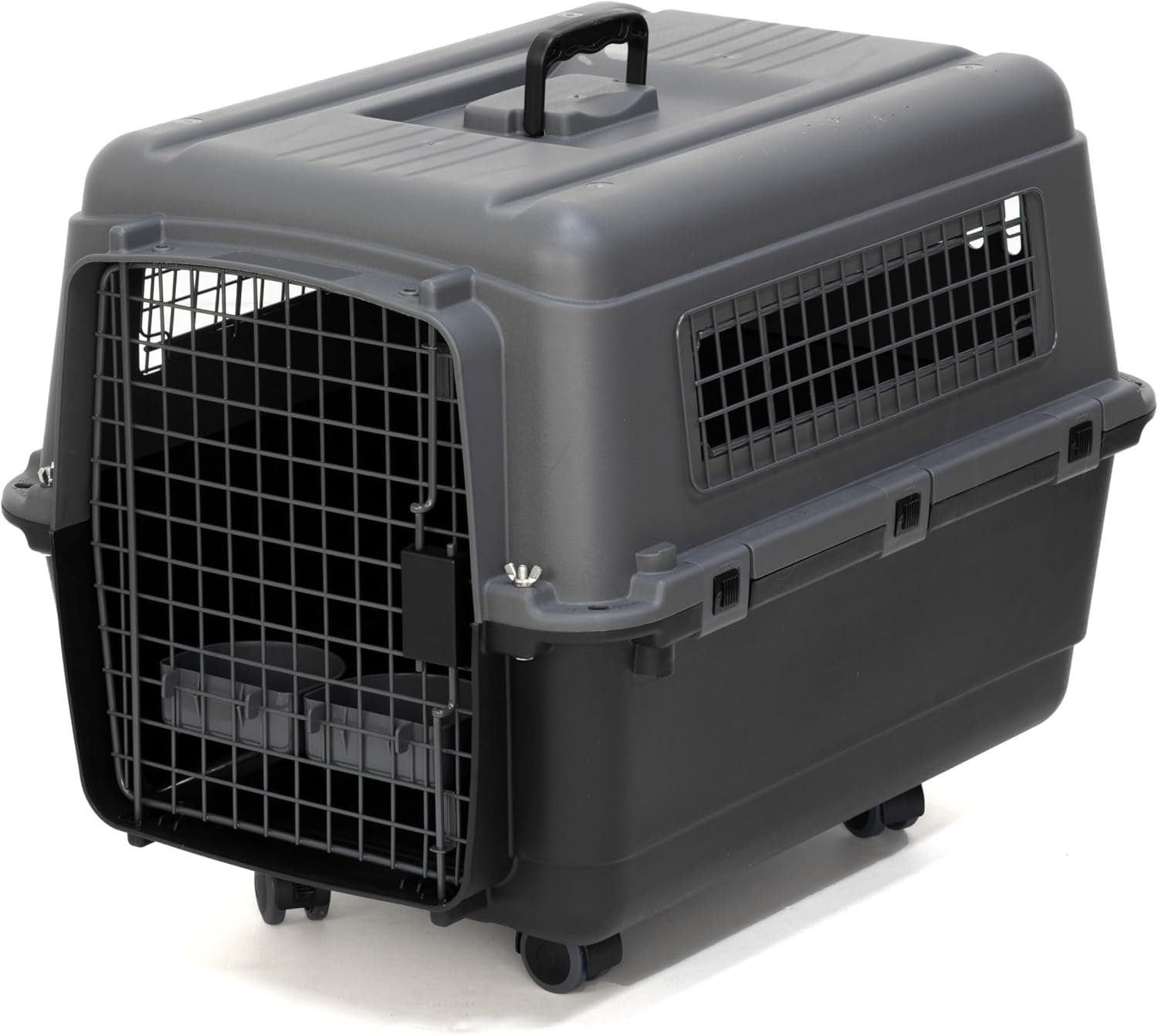 SportPet Airline Approved Wire Door Travel Dog Crate, Durable Plastic Pet Travel Kennel with Removable Wheels,Collapsible, Food Bowls & Accessories, Fits Dogs up to 24″ L & 16″ H – Medium -Gray/Black