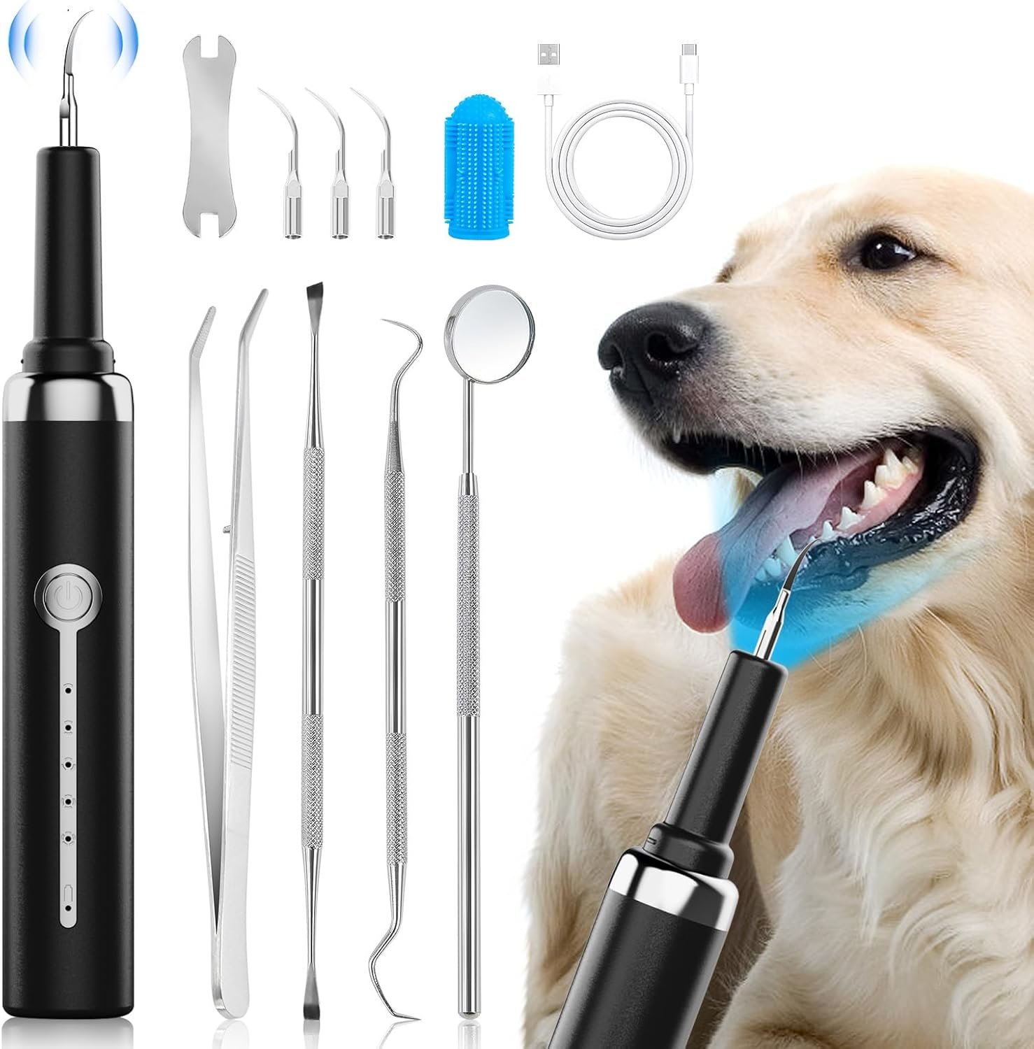 Plaque and Tartar Remover Kit for Dogs,Low Noise Waterproof Ultrasonic Tartar Remover for Pets,Adjustable 5 Modes of Cleaning Intensity (Black)