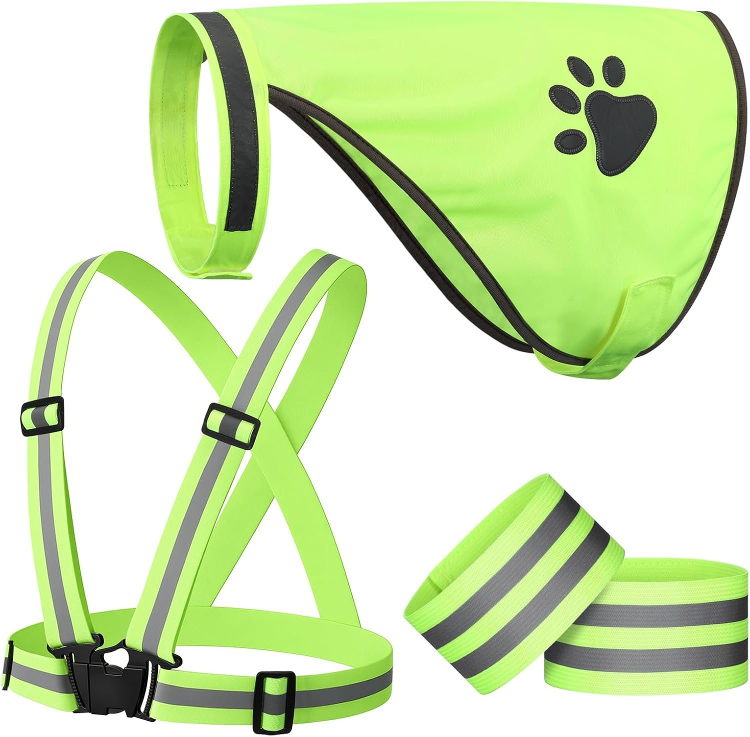 Shinylin 4 Pcs Reflective Running Gear for Dog Walking Reflective Vest Adjustable High Visibility, Sports Wristbands, Dog Safety Vest for Pets Outdoor Walking Cycling Camping(Fluorescent Green)