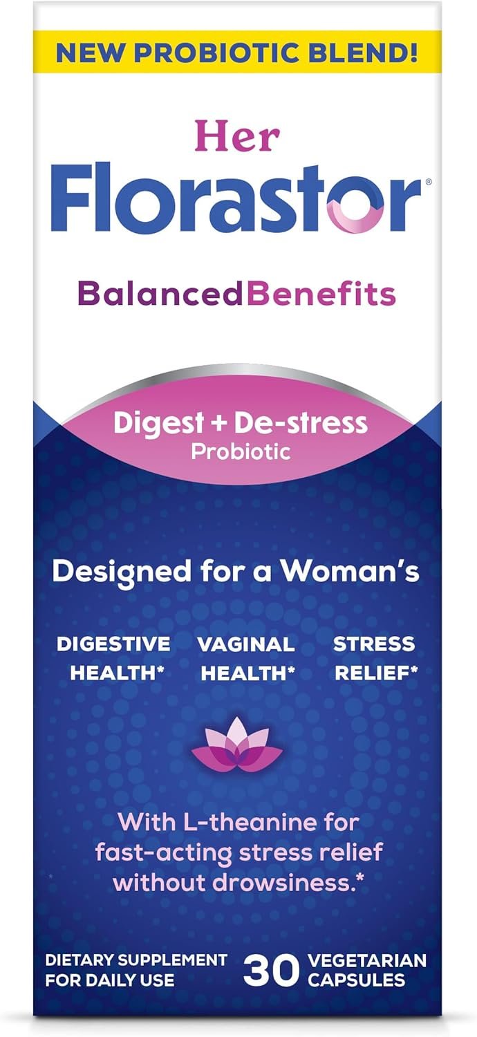 Florastor Probiotics for Women, Digest and De-Stress, Probiotics for Digestive Health, Vaginal Probiotic, and L-Theanine for Mind and Body Wellness, 30 Capsules