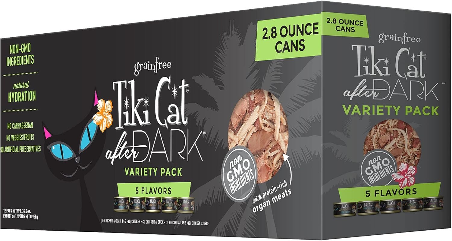 Tiki Cat After Dark, Variety Pack, High-Protein and 100% Non-GMO Ingredients, Wet Cat Food for Adult Cats, 2.8 oz. Cans (Pack of 12)