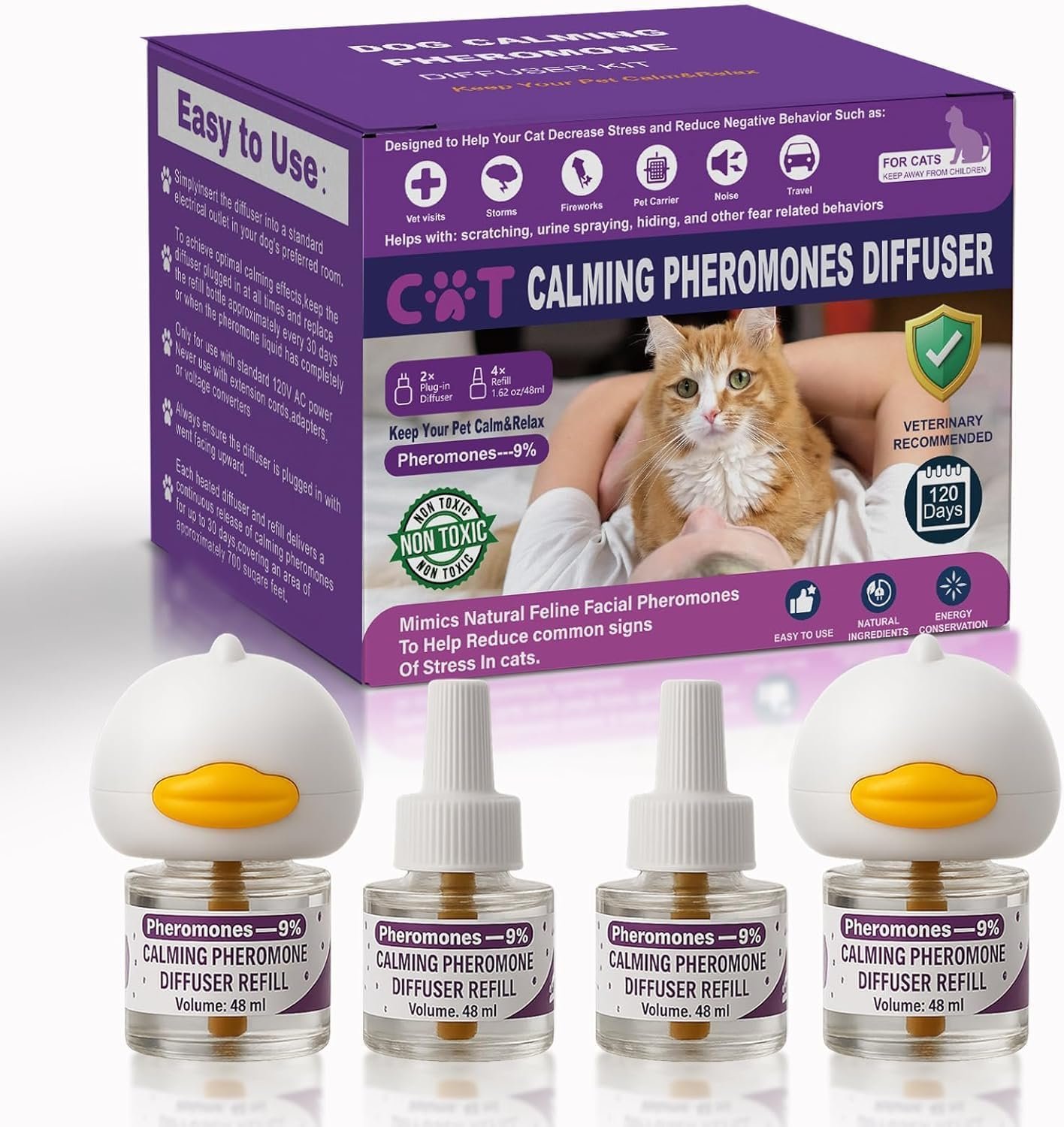 Cat Pheromones Calming Diffuser, Cat Calming Diffuser with 2 Diffusers + 4 Refills, 120 Days Pheromone Dffuser Plug-in Starter Kit – Relieve Cat Anxiety, Long-Lasting Stress Relief for Cats (Purple)