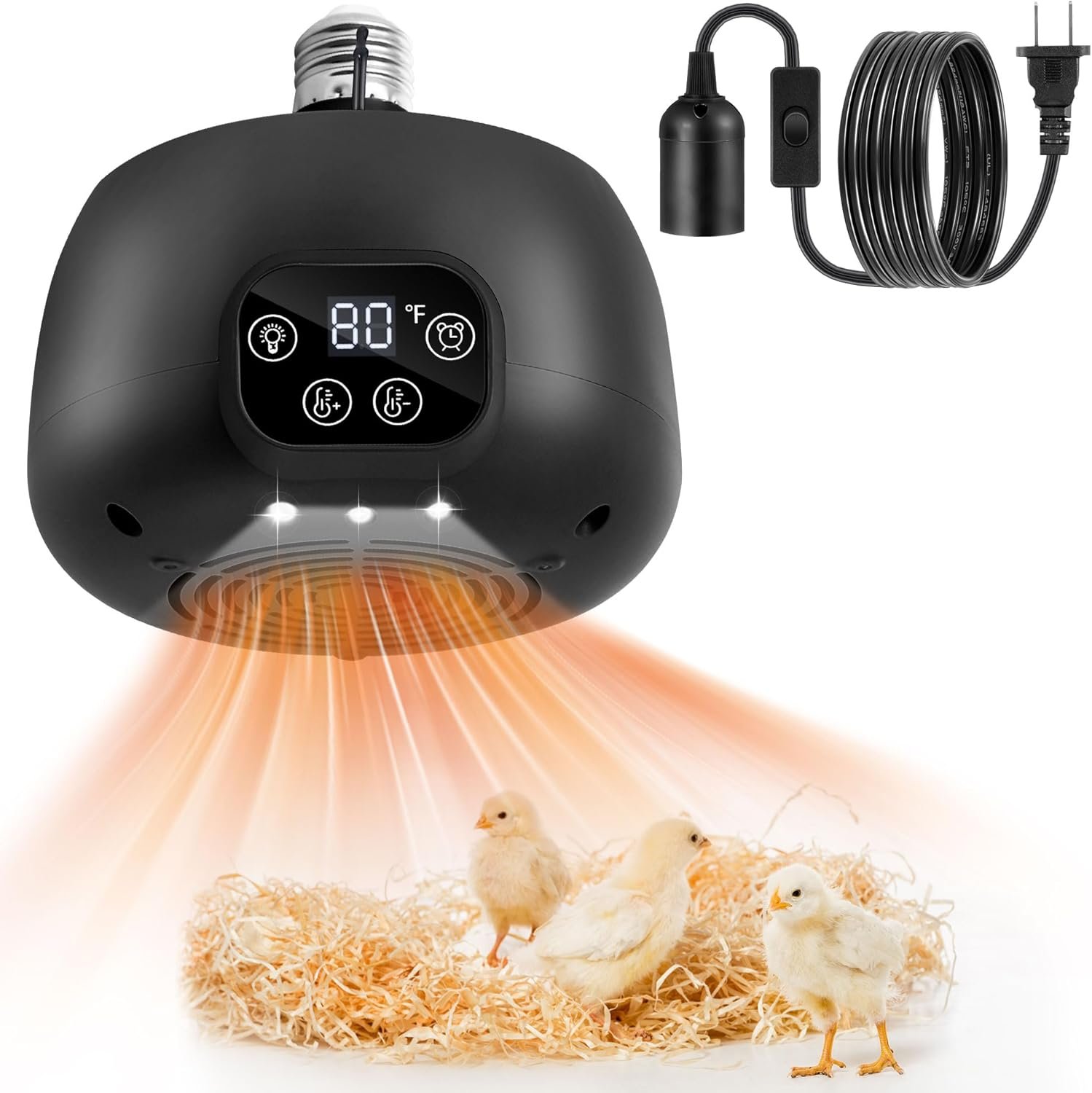 Gulfmew 1 Pack Chicken Coop Heater 200W with Lighting and Temperature Control Chicken Heating Lamp with Digital Display 5Ft Cable Brooder Heater for Reptiles, Remote not Include