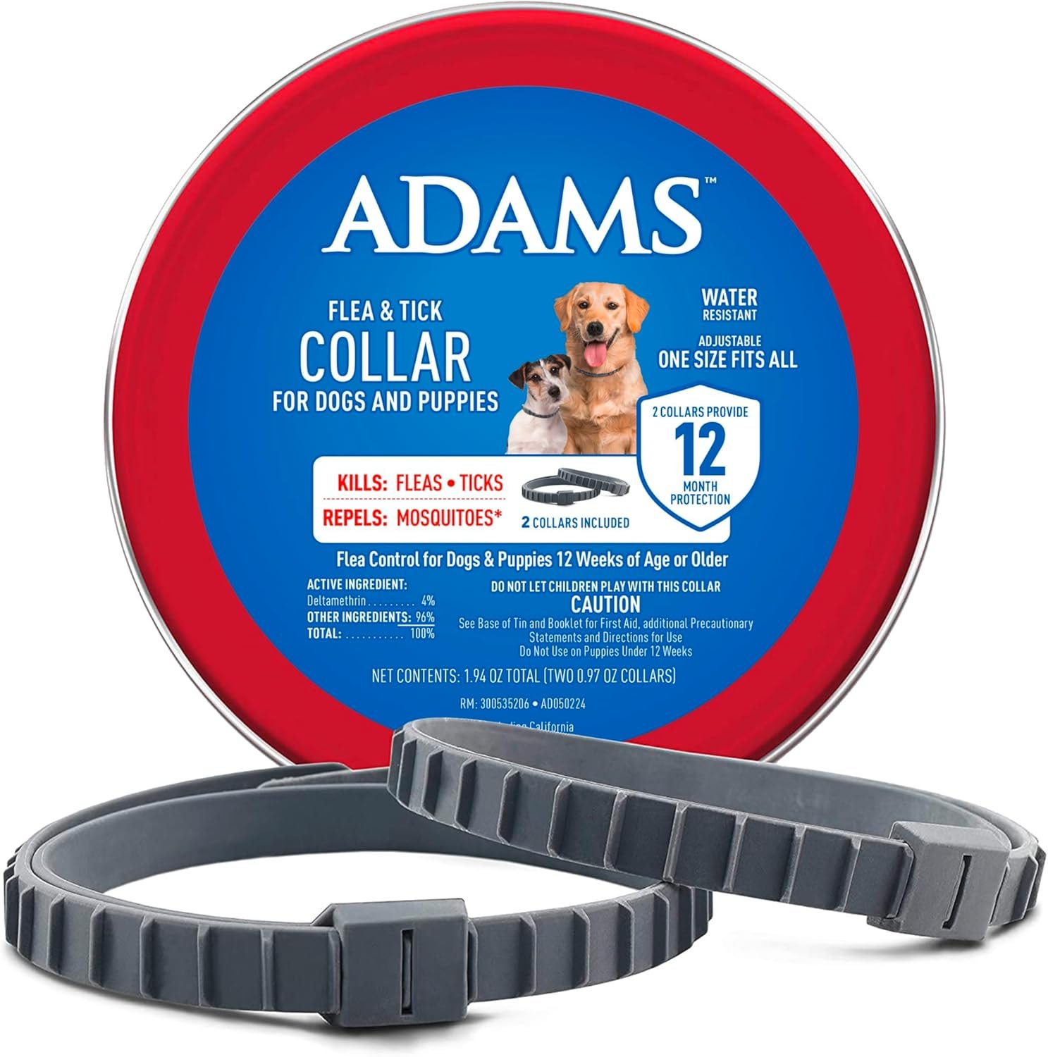 ADAMS Flea & Tick Collar for Dogs & Puppies, 2 Pack, 12 Month Protection, Adjustable One Size, Kills Fleas, Ticks & Repels Mosquitoes, Excluding California