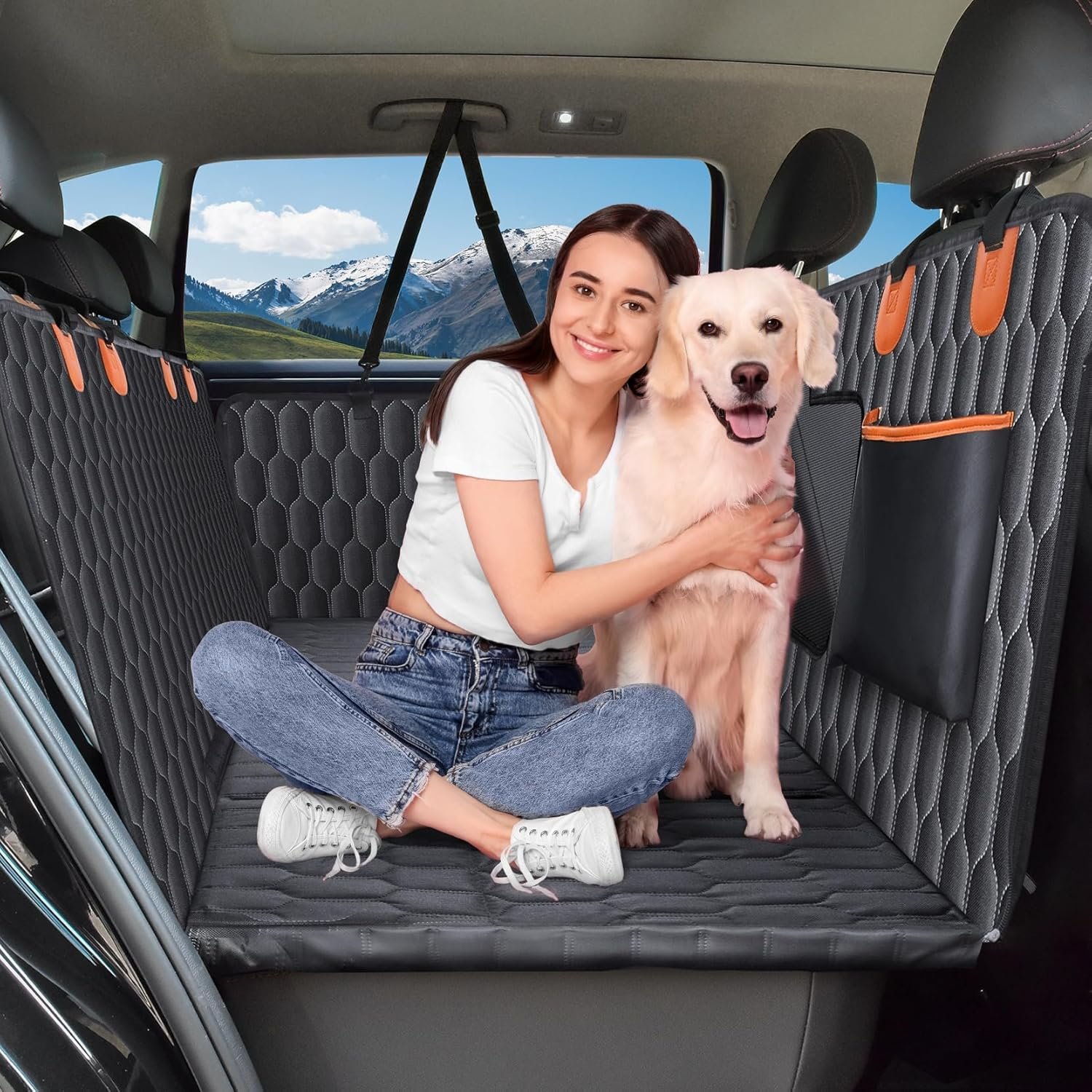 Chumajor Back Seat Extender for Dogs-Supports 400lb,Waterproof Dog Car Seat Cover Hard Bottom-Detachable,600D Heavy Duty Scratch Proof Nonslip Soft,Dog Hammock for Car,SUVs