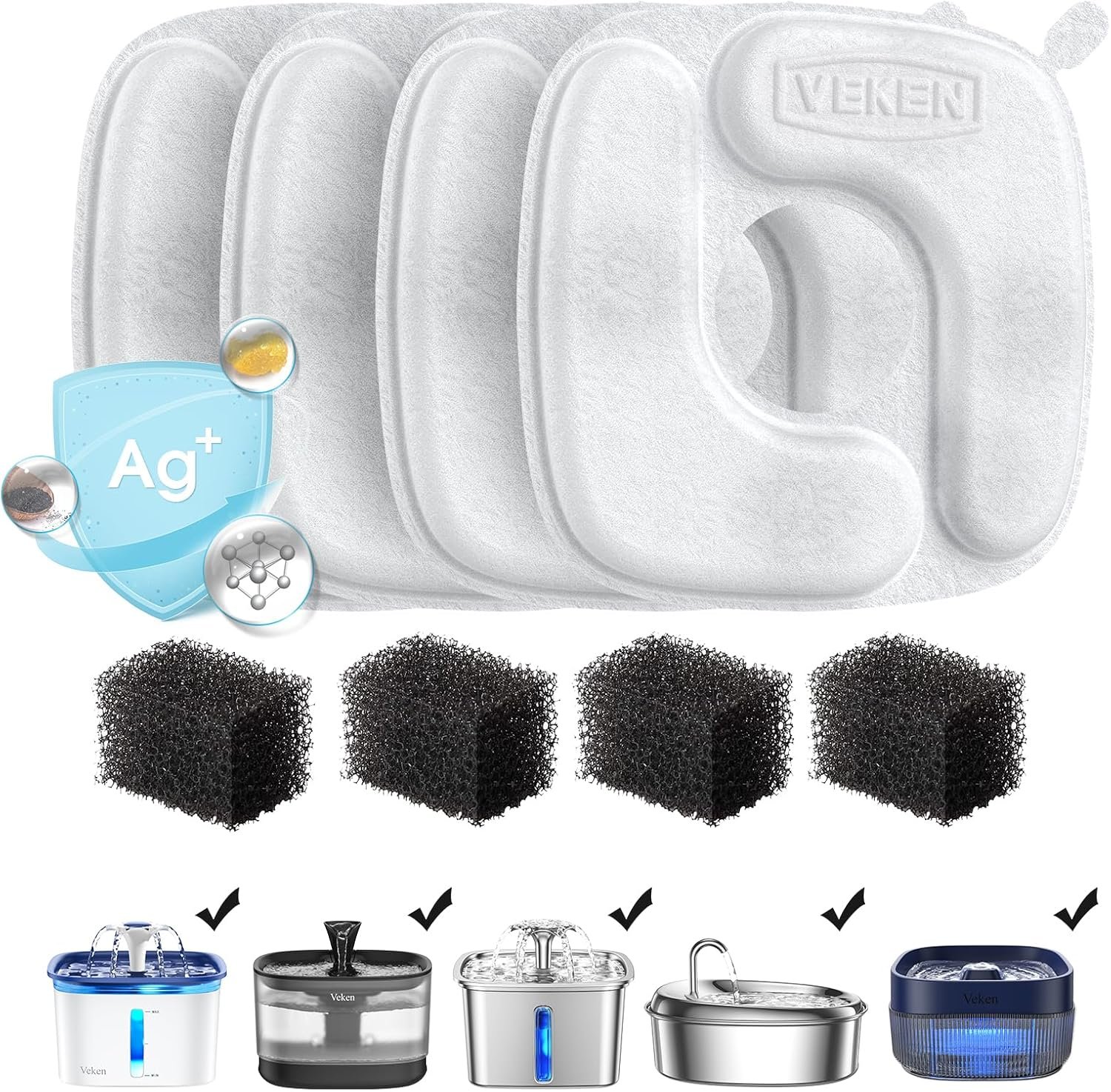 Veken Cat Water Fountain Filters, 4 Pack Replacement Filters & 4 Pack Replacement Pre-Filter Sponges Set for 50oz, 84oz, 95oz or 108oz Automatic Pet Fountain Dog Water Dispenser