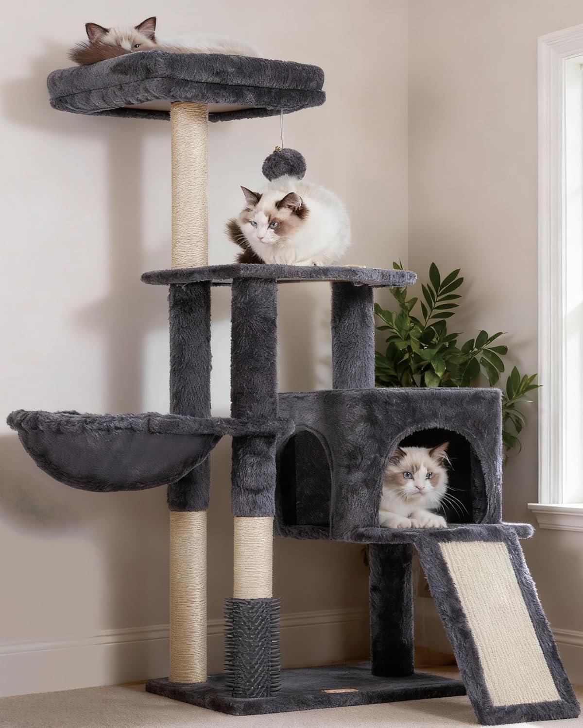 Heybly Cat Tree with Cat Self Groomer Brush, Cat Tower Condo for Indoor Cats with Padded Plush Perch, Cat House with Basket Scratching Board Post, Smoky Gray HCT005SG