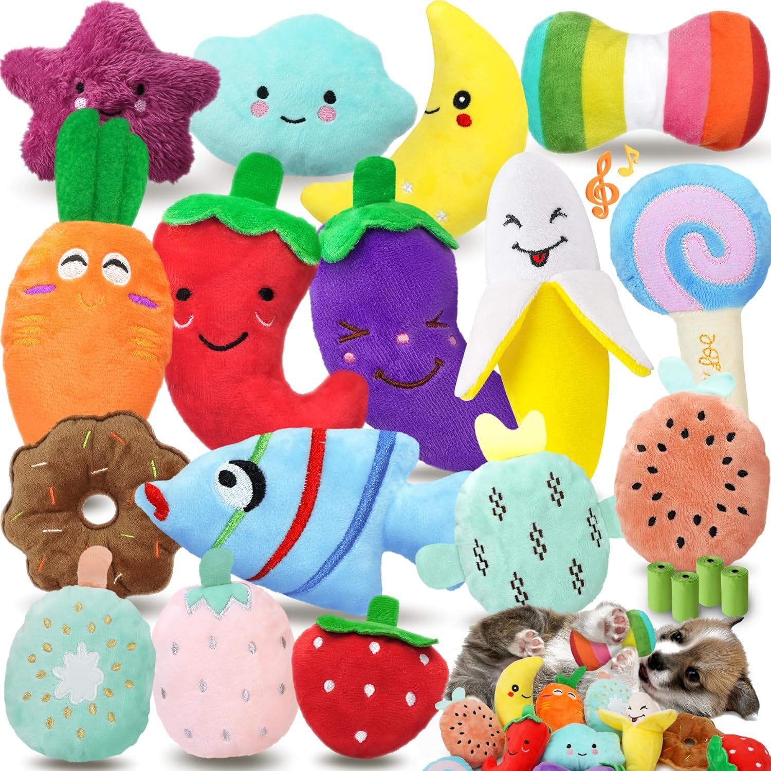 QTwoof Cheerful 20-Pack Squeaky Dog Toys Set – Included 4 Dog Bags, Plush Puppy Toys with Irresistibly Cute Characters for Small Dogs, Interactive Dog Squeak Toys for Fun&Teeth Cleaning