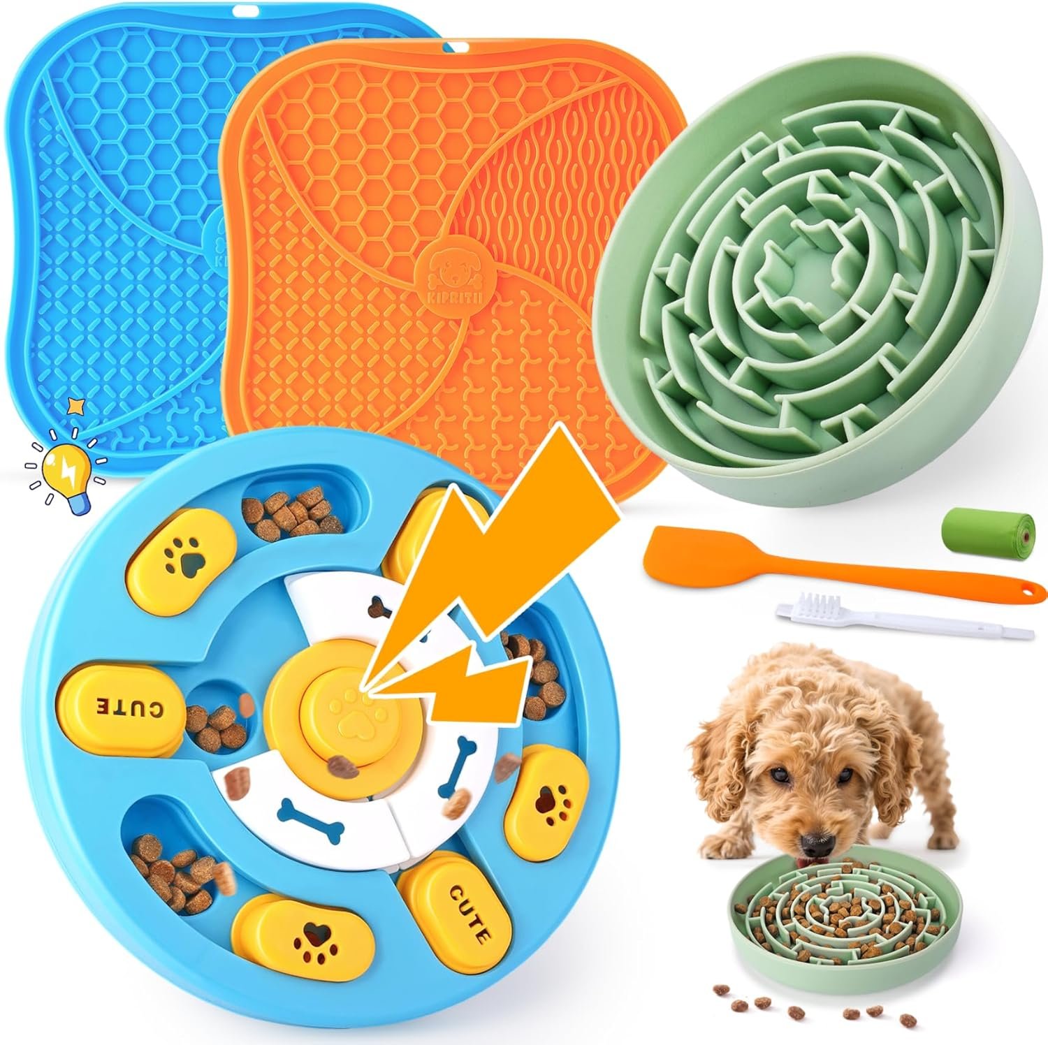 KIPRITII Well-Rounded Dog Enrichment Toys Set – Keeps Dogs Busy with Mental Stimulation & Slow Feeding, Includes Dog Lick Mat, Puzzle Toy & Slow Feeder Bowl for Boredom Relief