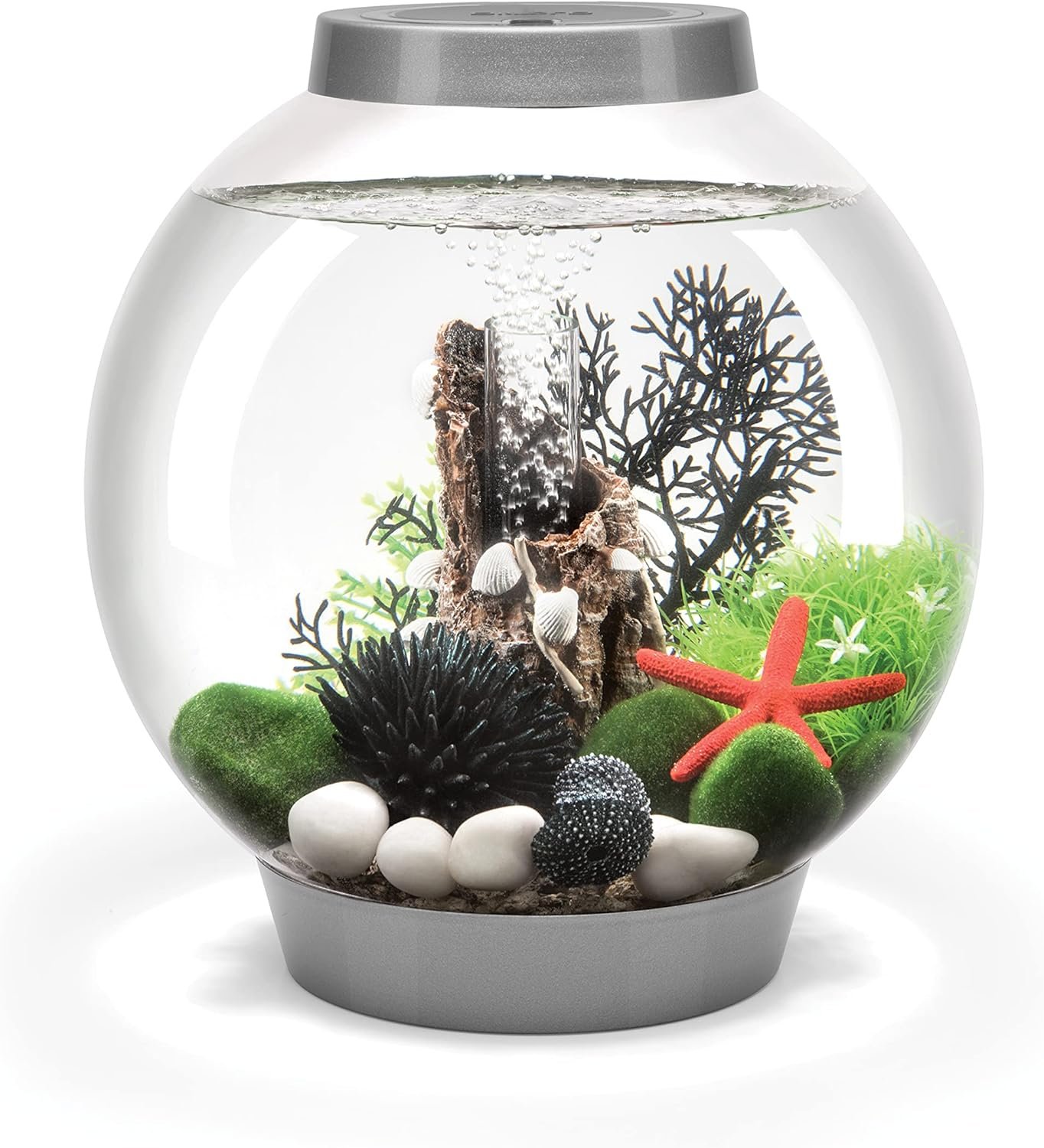 biOrb Classic 15 Acrylic 4-Gallon Aquarium with White LED Lights Modern Compact Tank for Tabletop or Desktop Display, Silver-Trimmed Tank