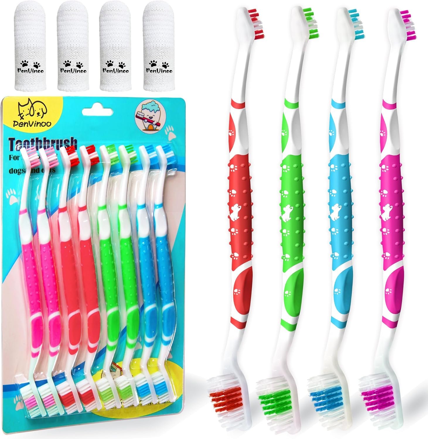 PenVinoo Dog Toothbrush pet Toothbrushes Finger Toothbrush Small to Large Dogs with Soft Bristles Non Slip Dual Head (8 pcs Dual Head + 4 pcs Finger Tooth Brush)